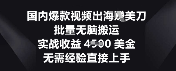 国内爆款视频出海挣美刀，批量无脑搬运，实战收益4.5k，无需经验直接上手-AI搞钱研究院